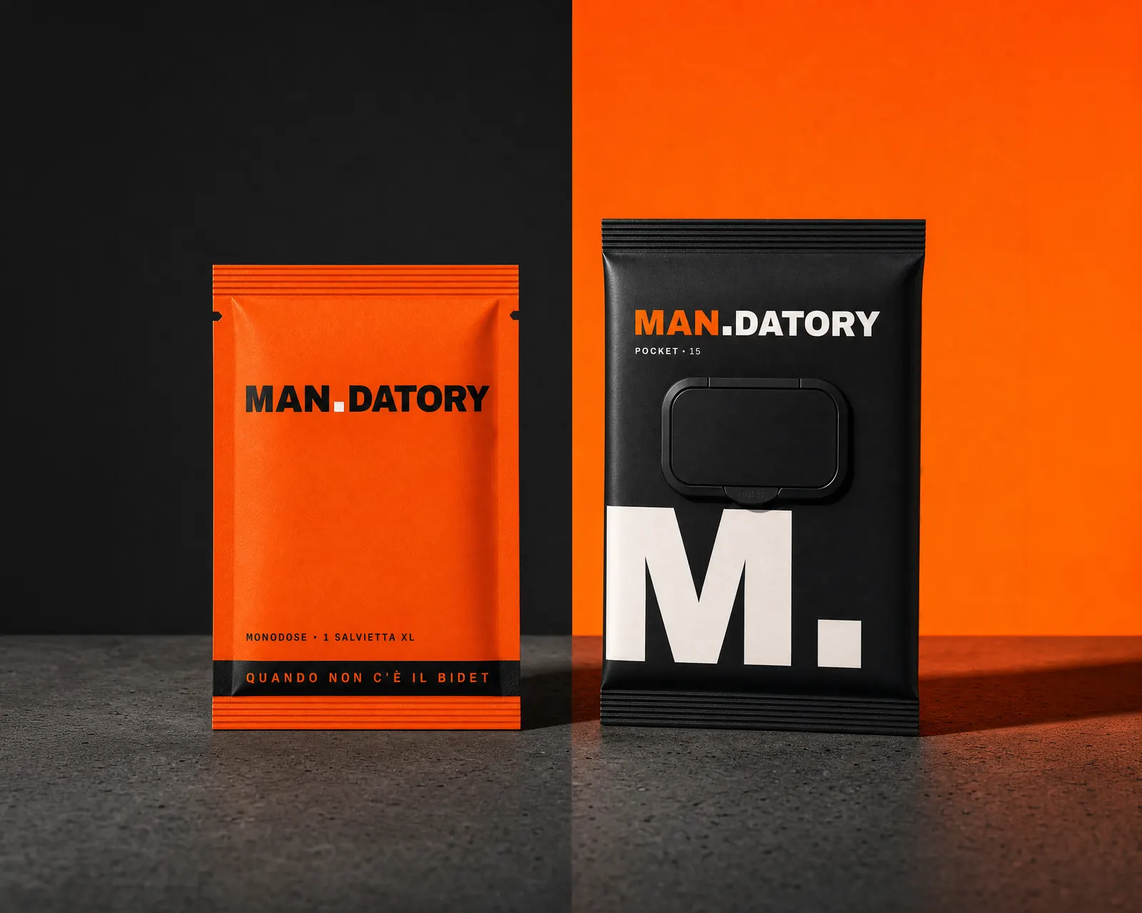 I due formati MAN.DATORY: bustina monodose arancio e pack Pocket nero
